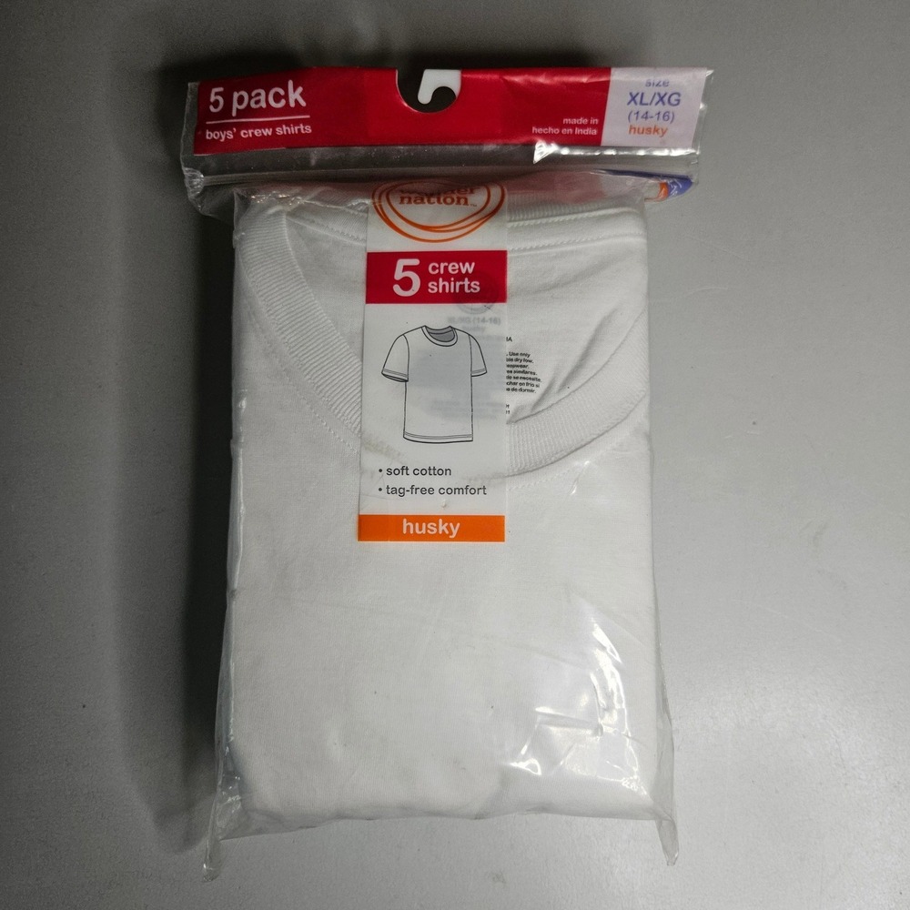 Wonder Nation Boys 5 Pack White Crew Neck T-Shirts Husky XL 14-16 Cotton NEW